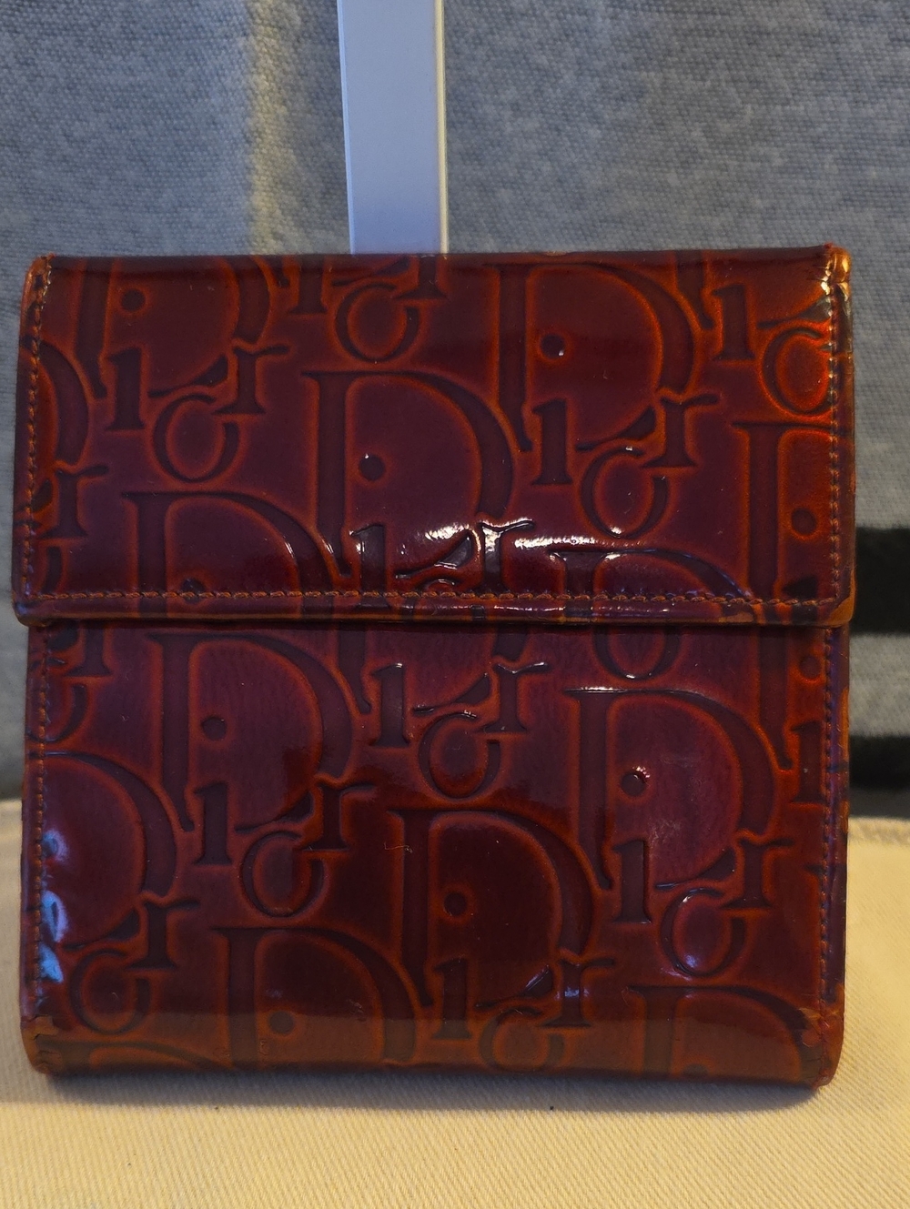 Dior Patent Leather Embossed Monogram Wallet - Burgundy Red